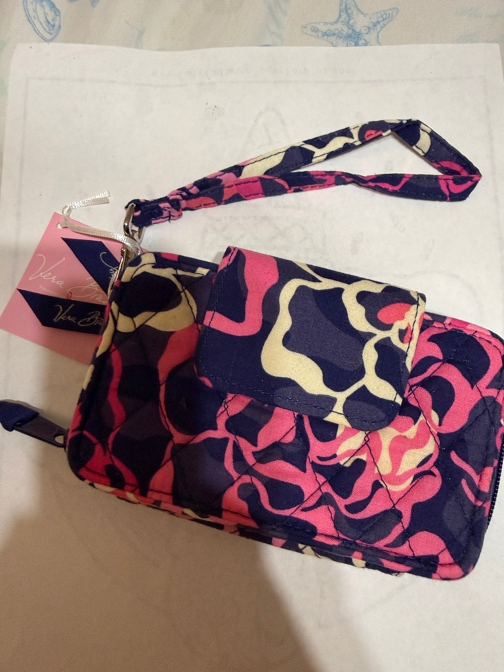 Vera Bradley Navy Pink Cream Floral Wristlet Clutch